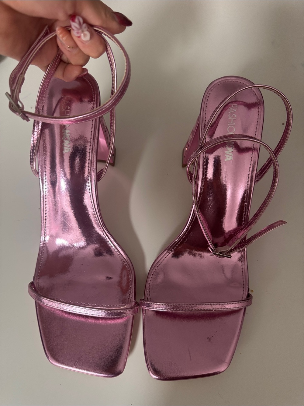 Fashion Nova Metallic Rose Pink Strappy Block Heel Sandals